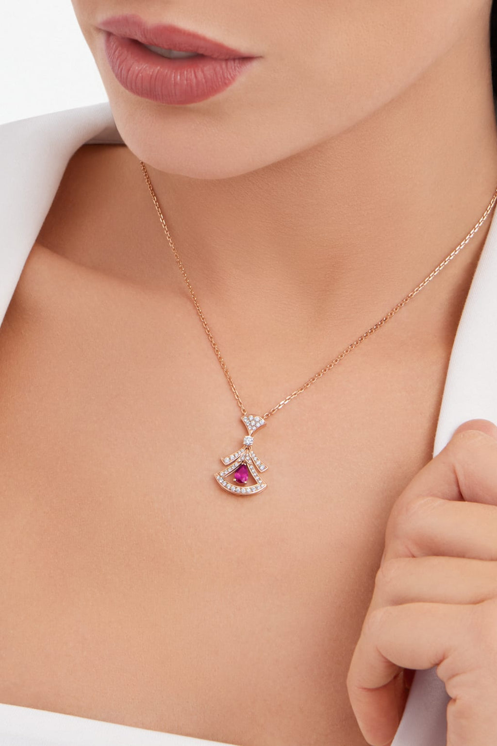 Carave Paris Art Deco Pink Gemstone Fan Pendant Necklace