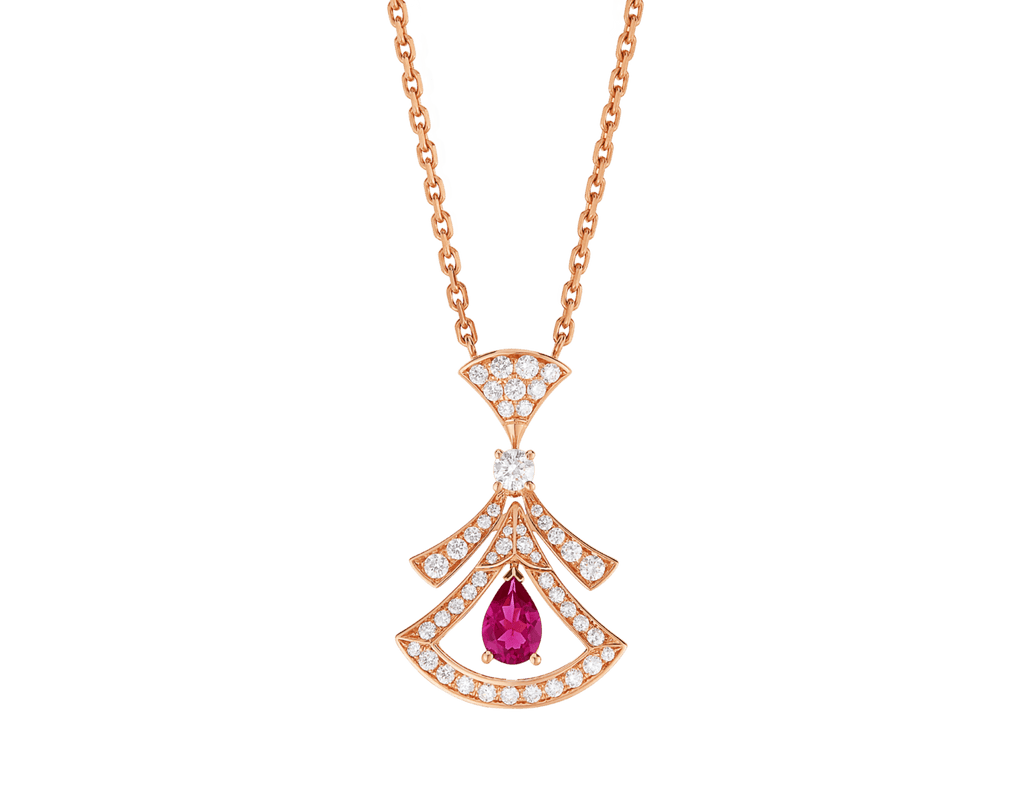 Carave Paris Art Deco Pink Gemstone Fan Pendant Necklace