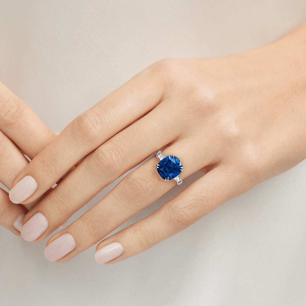 Carave Paris Classic Cushion Cut Blue Sapphire Ring with Diamond Side Stones