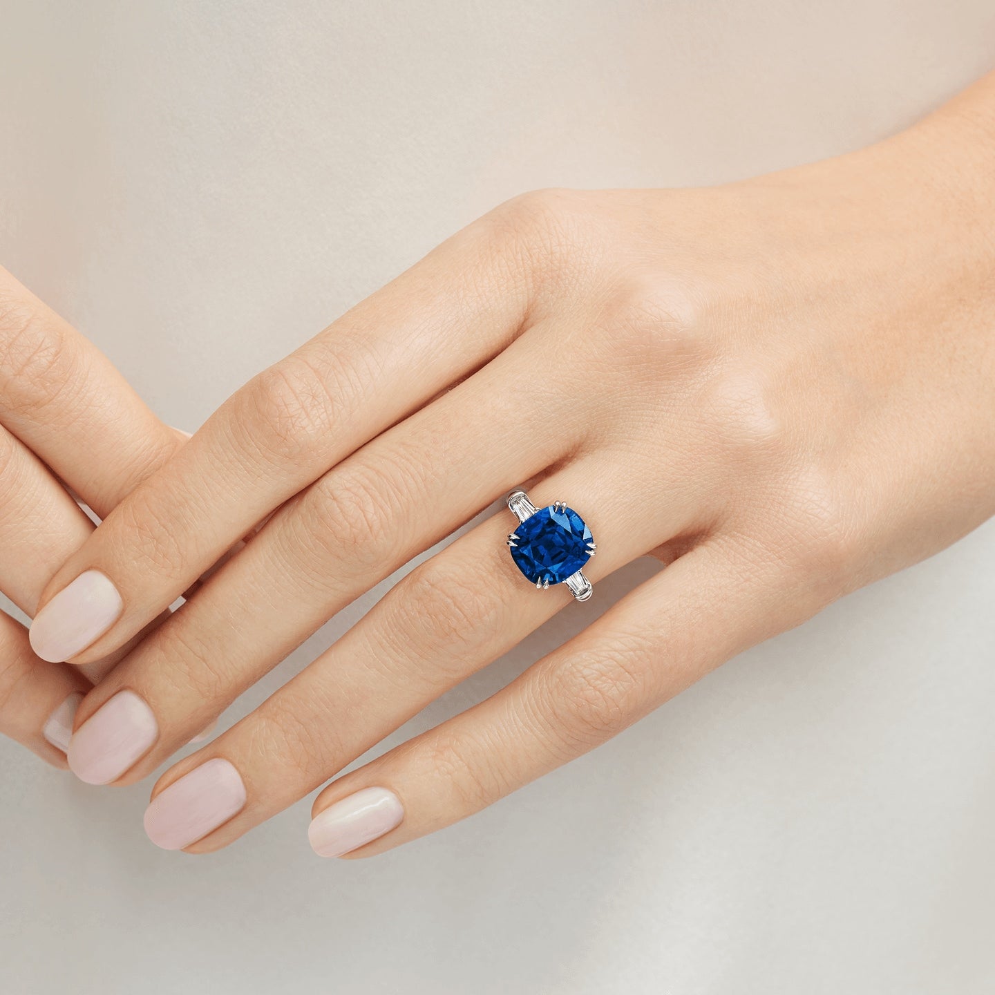 Carave Paris Classic Cushion Cut Blue Sapphire Ring with Diamond Side Stones