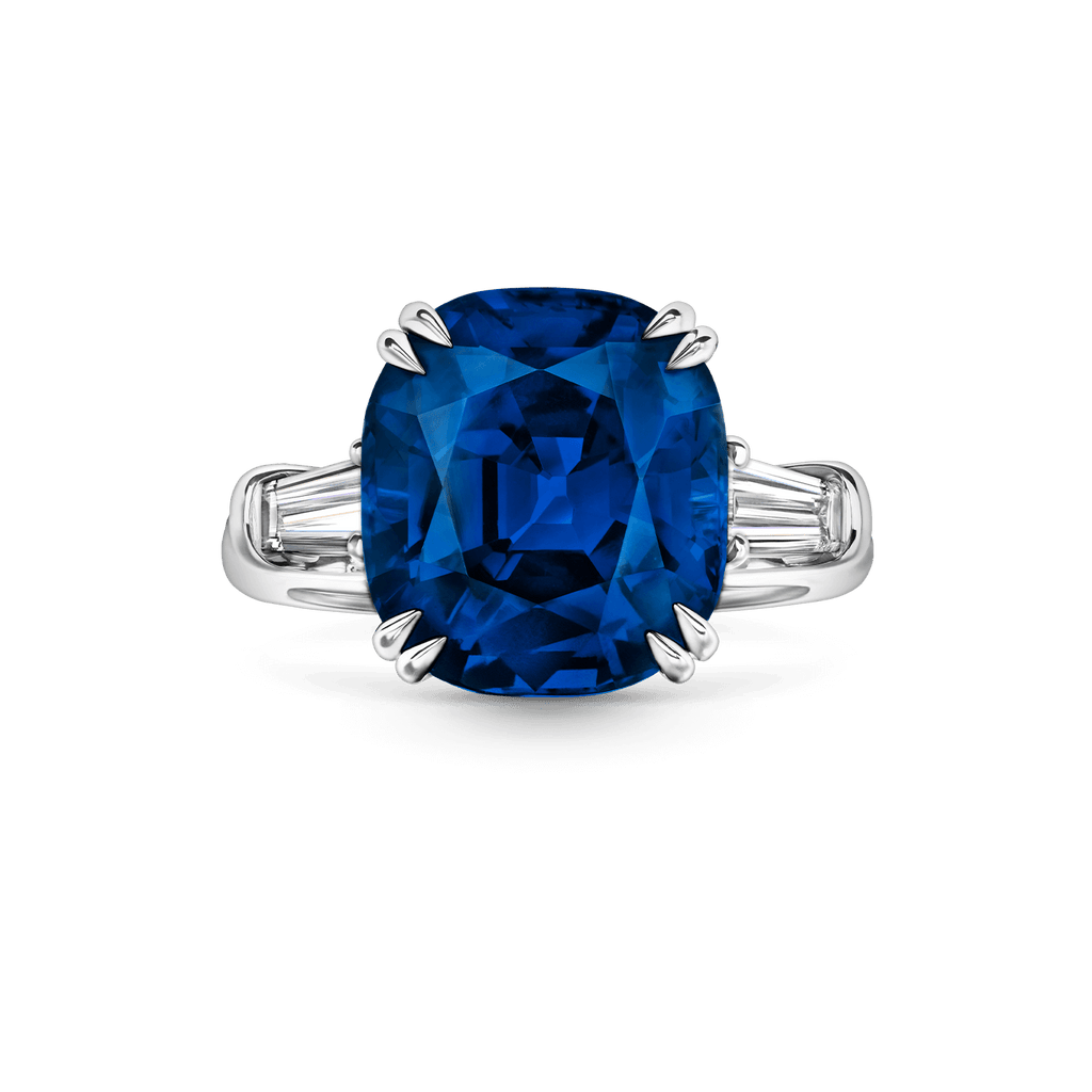 Carave Paris Classic Cushion Cut Blue Sapphire Ring with Diamond Side Stones