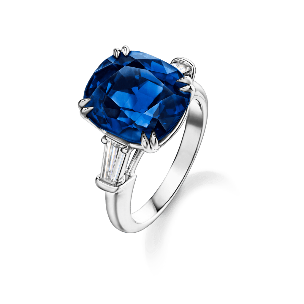 Carave Paris Classic Cushion Cut Blue Sapphire Ring with Diamond Side Stones