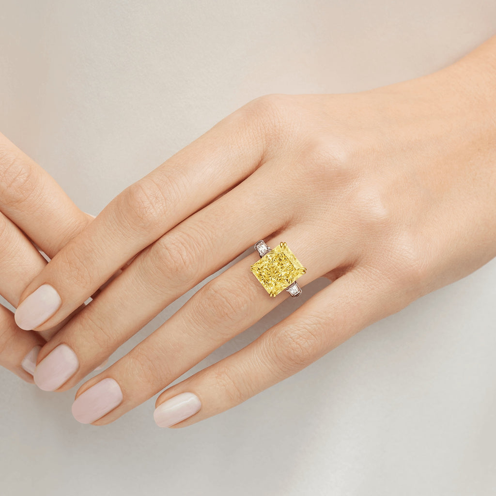 Carave Paris Classic Cushion Cut Yellow Diamond Ring with Diamond Side Stones