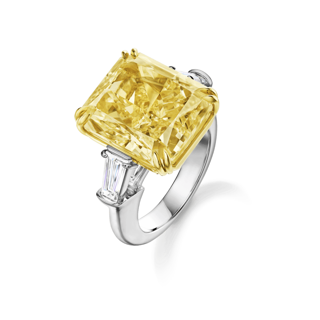 Carave Paris Classic Cushion Cut Yellow Diamond Ring with Diamond Side Stones