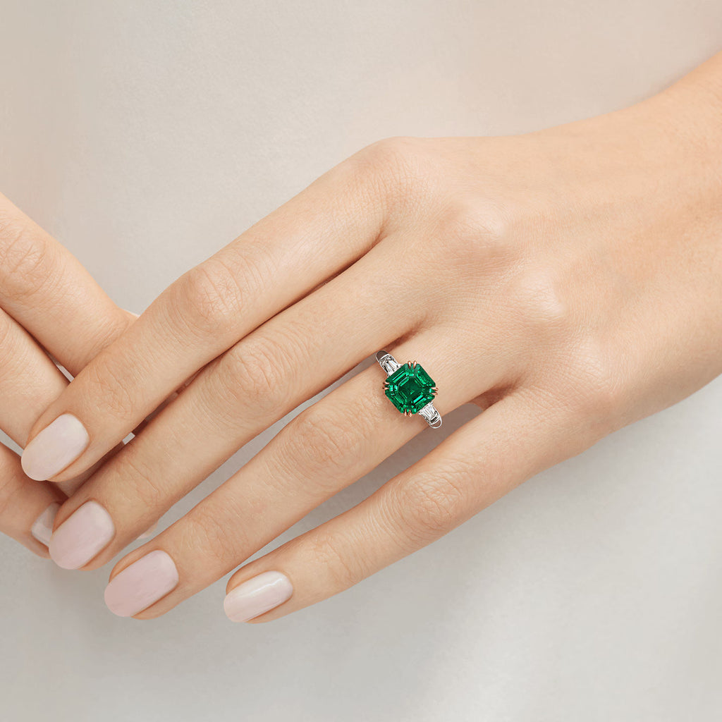 Carave Paris Classic Emerald Cut Emerald Ring with Diamond Side Stones