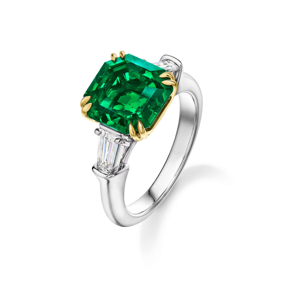 Carave Paris Classic Emerald Cut Emerald Ring with Diamond Side Stones