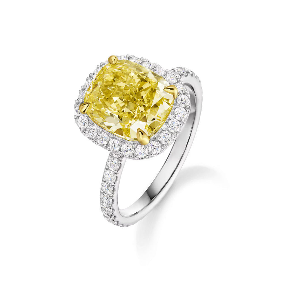 Carave Paris Cushion Cut Yellow Diamond Micropavé Halo Engagement Ring