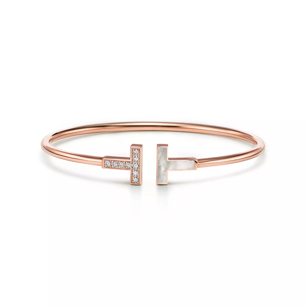 Carave Paris Diamond & Mother of Pearl T Rose Gold Open Bangle for Women