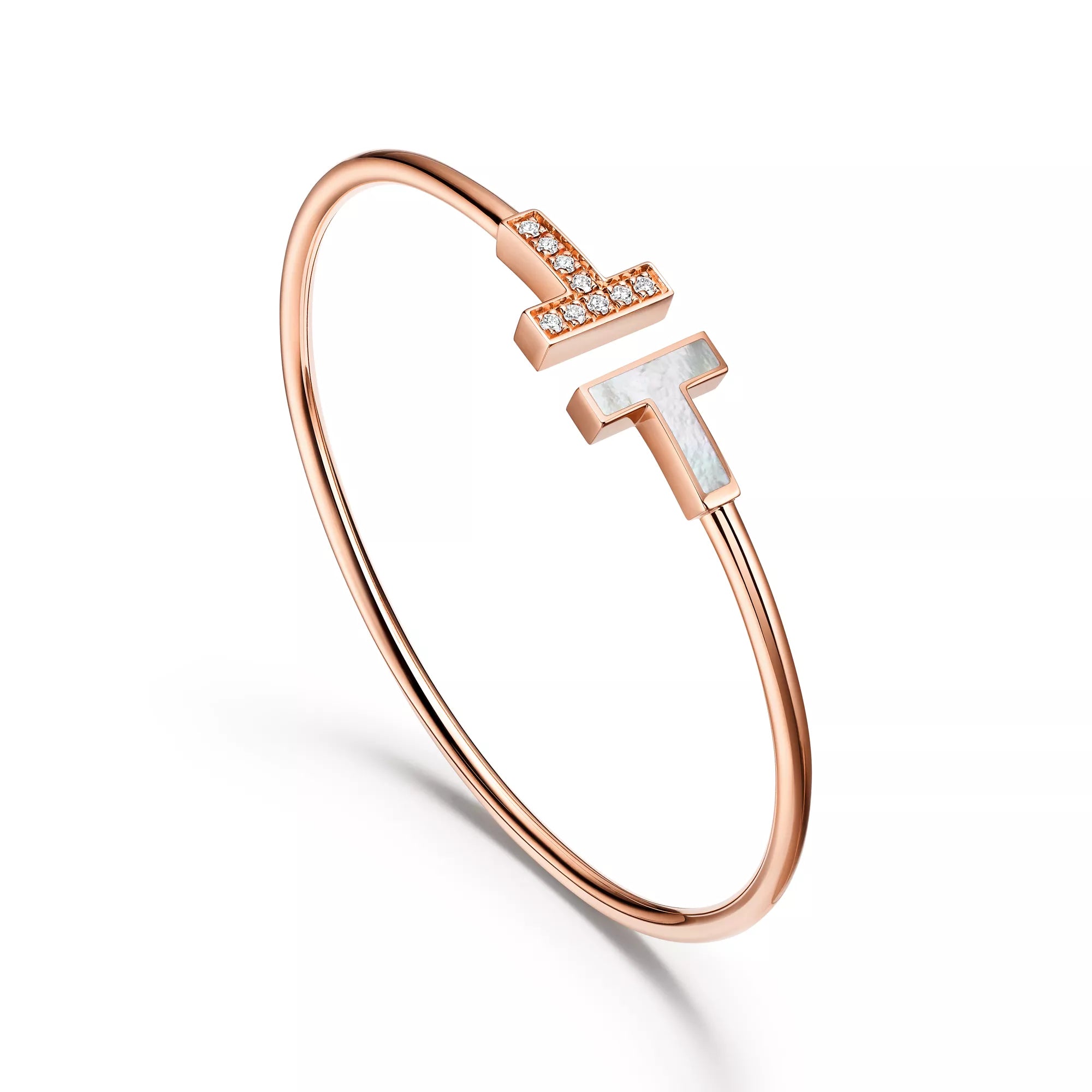 Carave Paris Diamond & Mother of Pearl T Rose Gold Open Bangle for Women