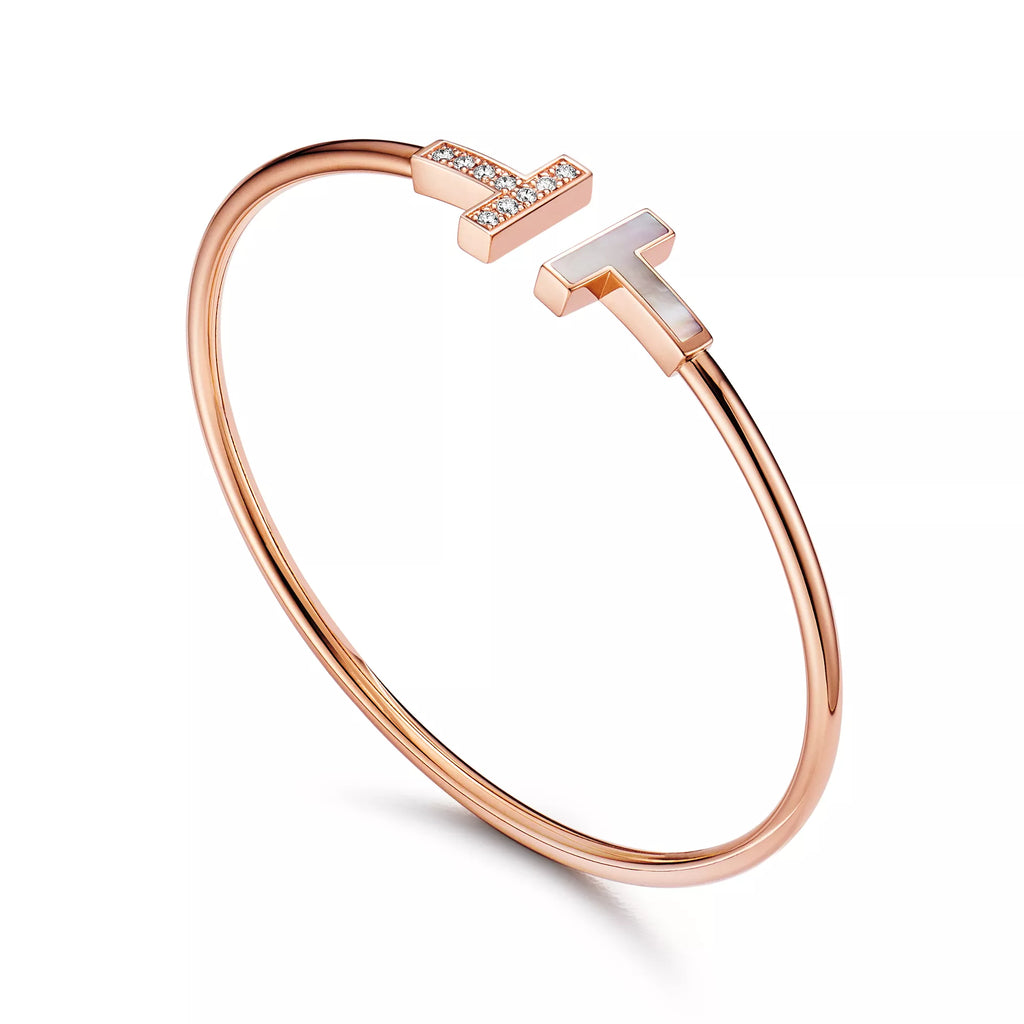 Carave Paris Diamond & Mother of Pearl T Rose Gold Open Bangle for Women