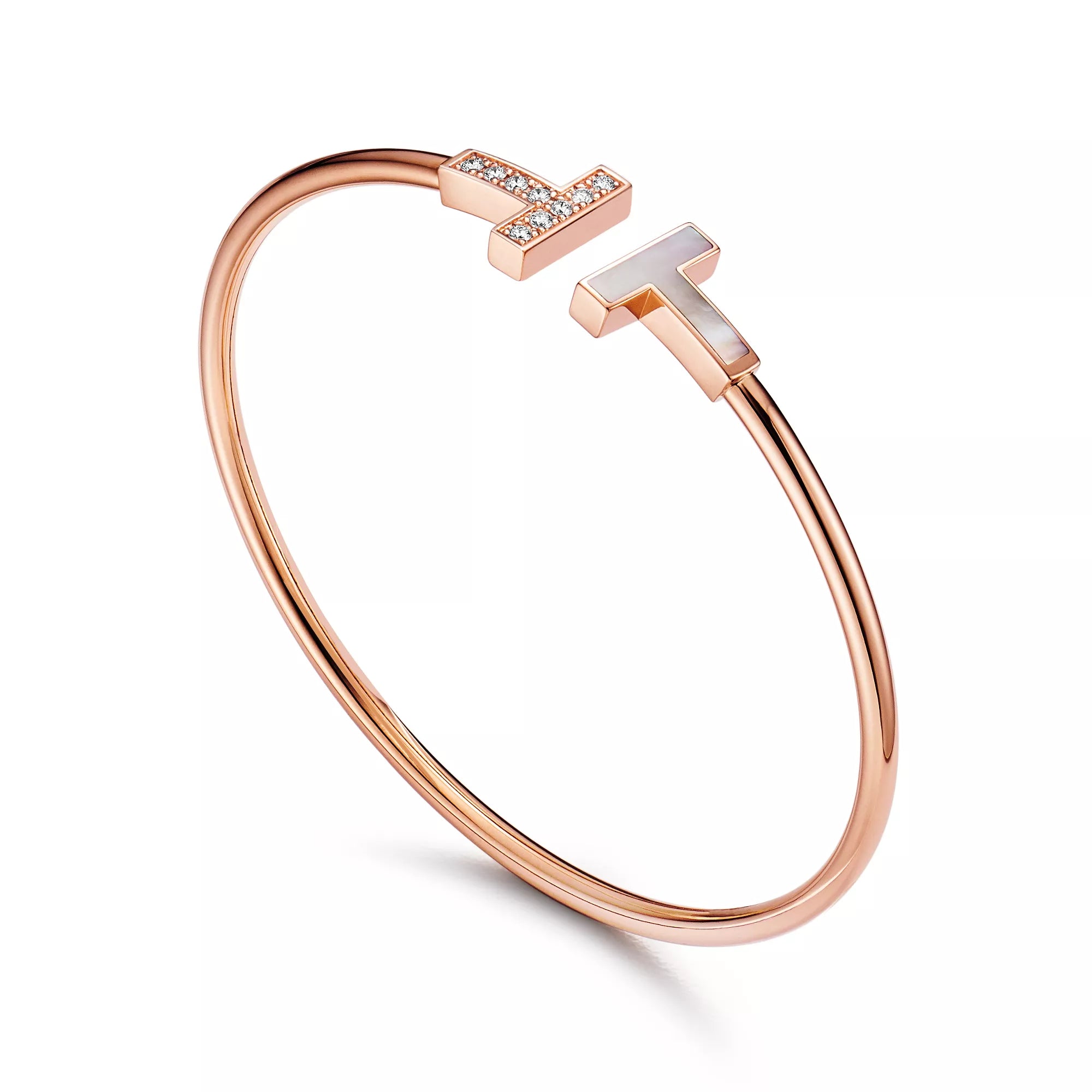 Carave Paris Diamond & Mother of Pearl T Rose Gold Open Bangle for Women