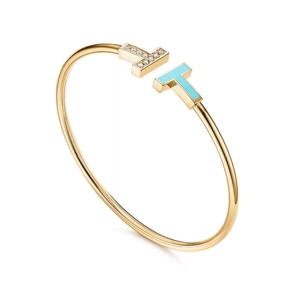 Carave Paris Diamond Turquoise T Yellow Gold Open Bangle for Women