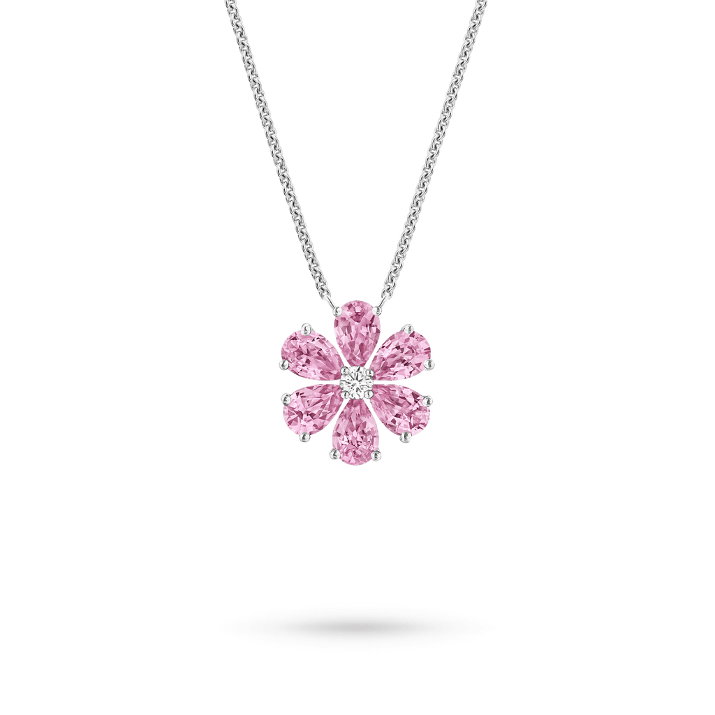 Carave Paris Forget Me Not Pink Sapphire Flower Pendant Necklace