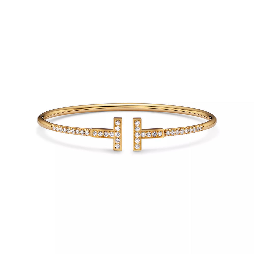 Carave Paris Pavé Diamond Double T Yellow Gold Bangle for Women
