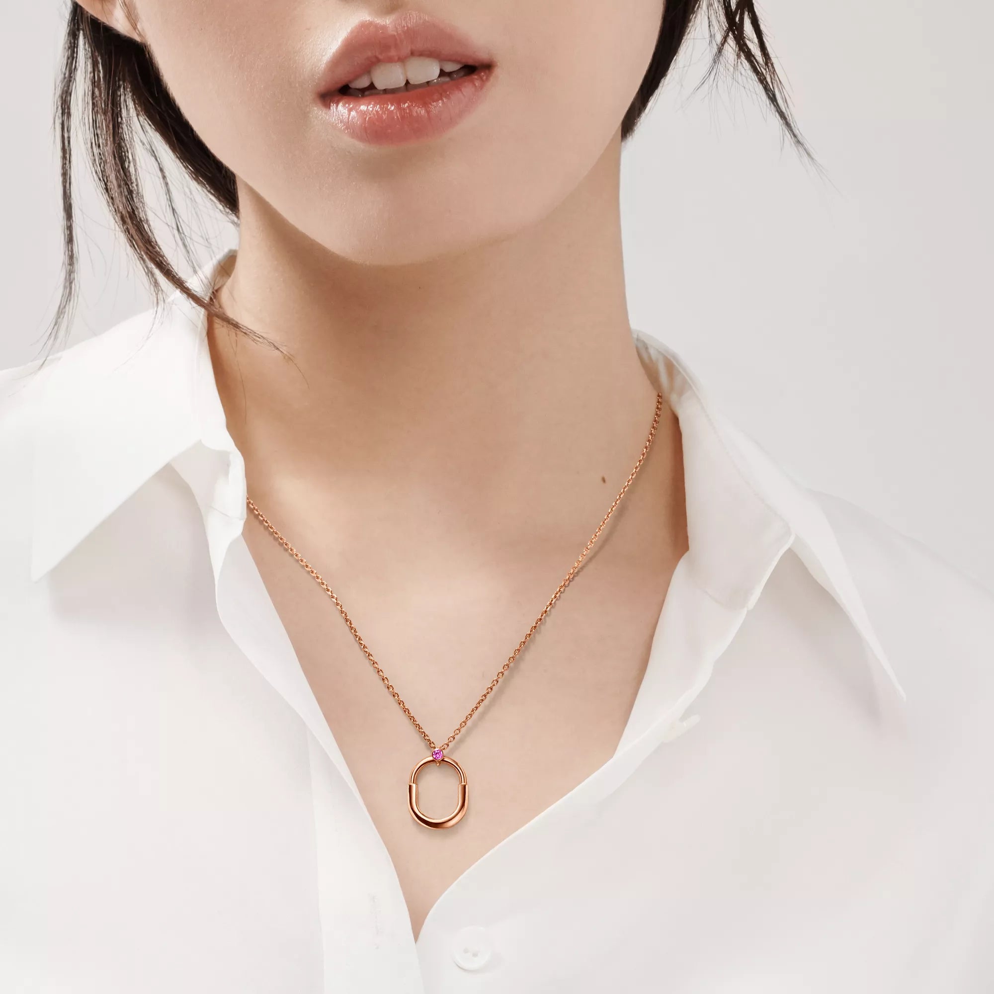 Carave Paris Rose Gold Oval Link Pendant Necklace with Pink Gemstone Accent