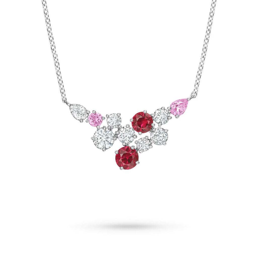 Carave Paris Ruby Pink Sapphire Cluster Diamond Necklace