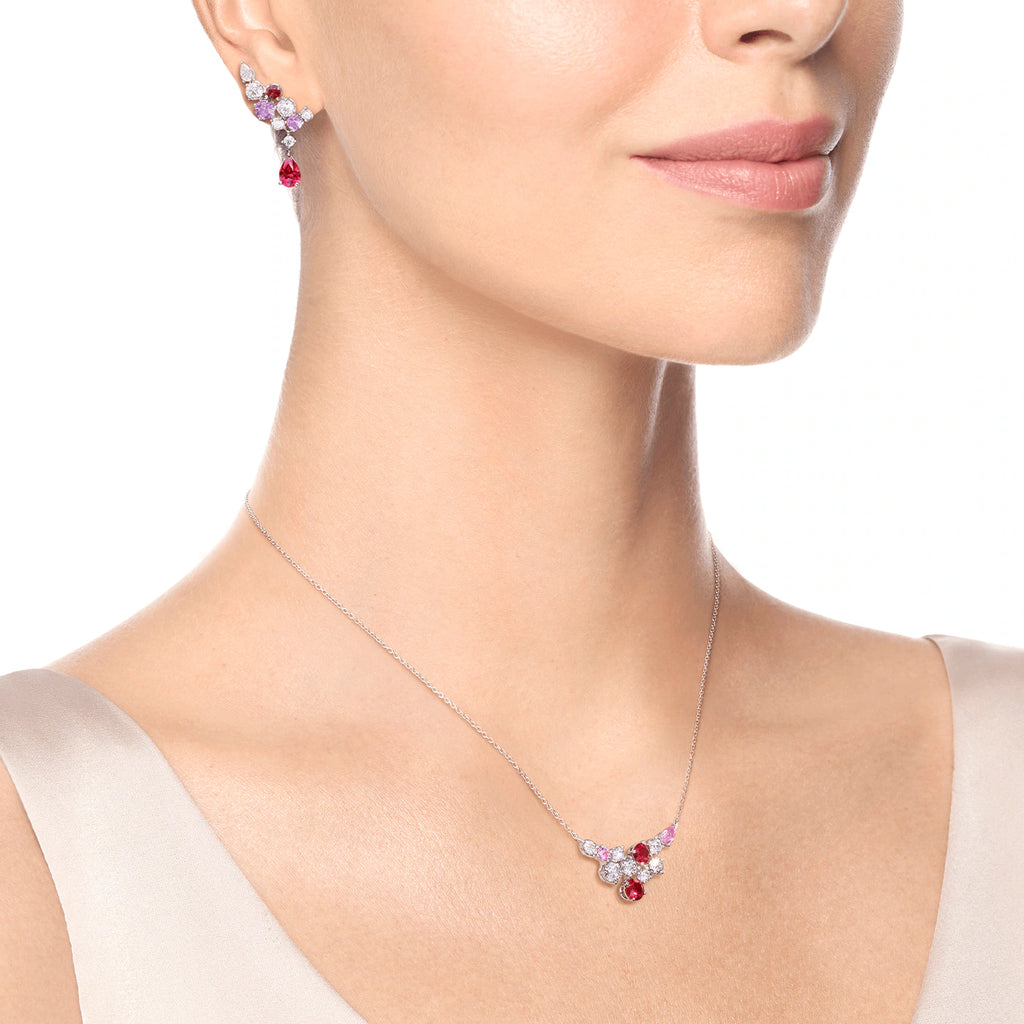 Carave Paris Ruby Pink Sapphire Cluster Diamond Necklace