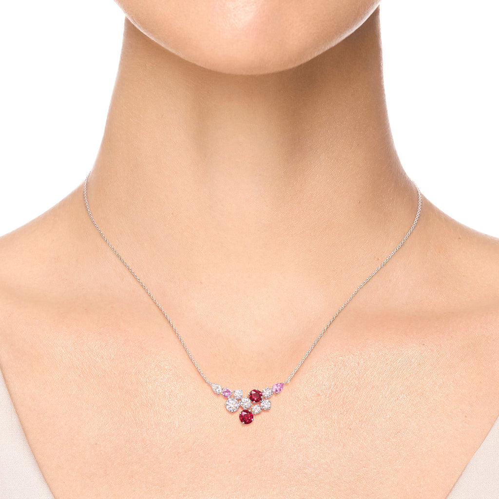 Carave Paris Ruby Pink Sapphire Cluster Diamond Necklace