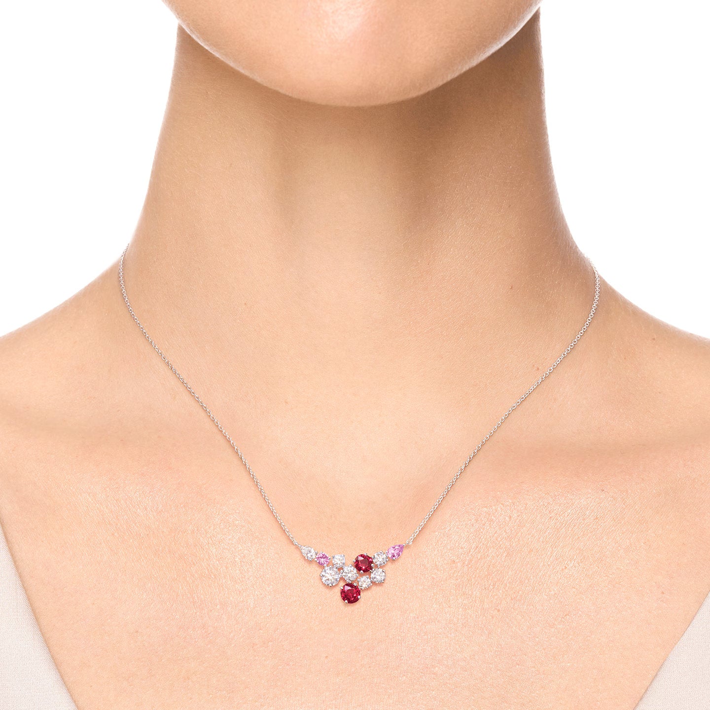 Carave Paris Ruby Pink Sapphire Cluster Diamond Necklace