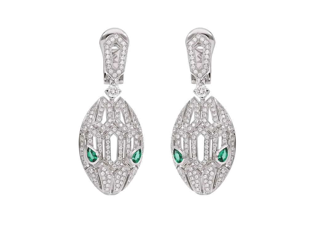 Carave Paris Serpenti Emerald Diamond Drop Earrings in White Gold