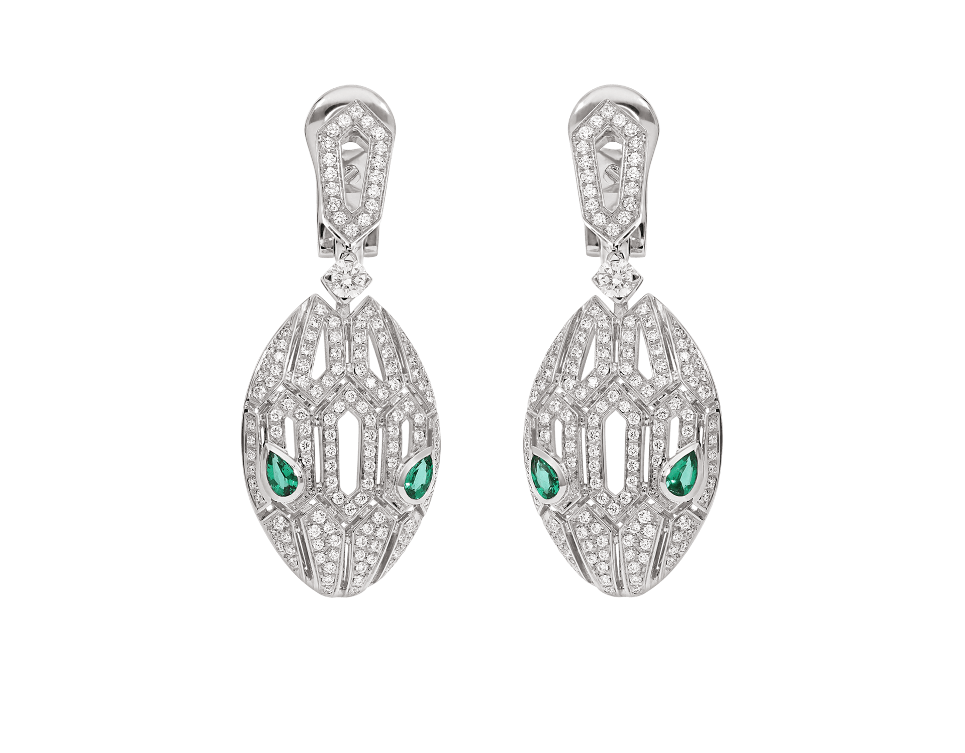 Carave Paris Serpenti Emerald Diamond Drop Earrings in White Gold