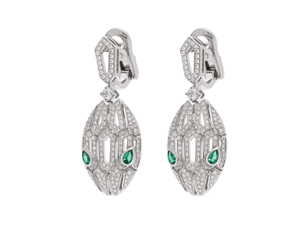 Carave Paris Serpenti Emerald Diamond Drop Earrings in White Gold