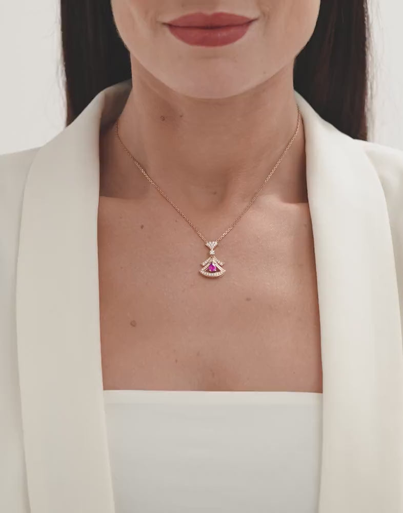 Carave Paris Art Deco Pink Gemstone Fan Pendant Necklace